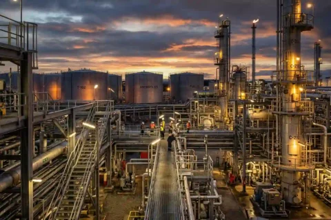 industrial oil refinery at sunset