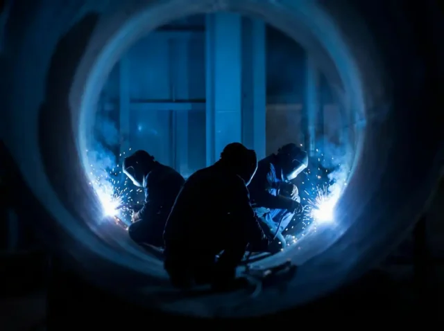 industrial welding workers inside large pipe