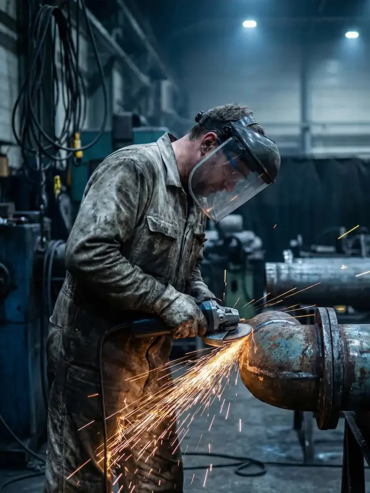 industrial worker using angle grinder